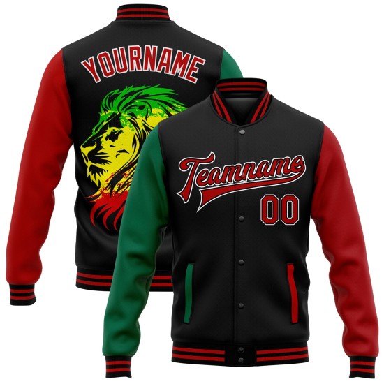 Custom Black Red-Kelly Green Black History Month Lion 3D Pattern Design Bomber Full-Snap Varsity Letterman Jacket Custom Black Red-Kelly Green Black History Month Lion 3D Pattern Design Bomber Full-Snap Varsity Letterman Jacket