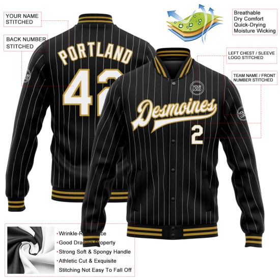 Custom Black White Pinstripe Old Gold Bomber Full-Snap Varsity Letterman Jacket Custom Black White Pinstripe Old Gold Bomber Full-Snap Varsity Letterman Jacket