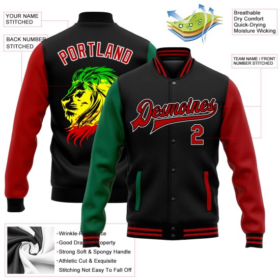 Custom Black Red-Kelly Green Black History Month Lion 3D Pattern Design Bomber Full-Snap Varsity Letterman Jacket Custom Black Red-Kelly Green Black History Month Lion 3D Pattern Design Bomber Full-Snap Varsity Letterman Jacket
