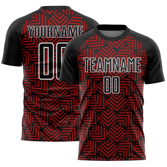 Custom Black Red-White Abstract Geometric Shapes Sublimation Uniform Jersey Custom Black Red-White Abstract Geometric Shapes Sublimation Uniform Jersey