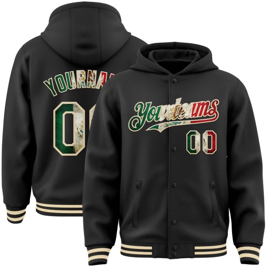 Custom Black Vintage Mexican Flag-Cream Bomber Full-Snap Varsity Letterman Hoodie Jacket Custom Black Vintage Mexican Flag-Cream Bomber Full-Snap Varsity Letterman Hoodie Jacket