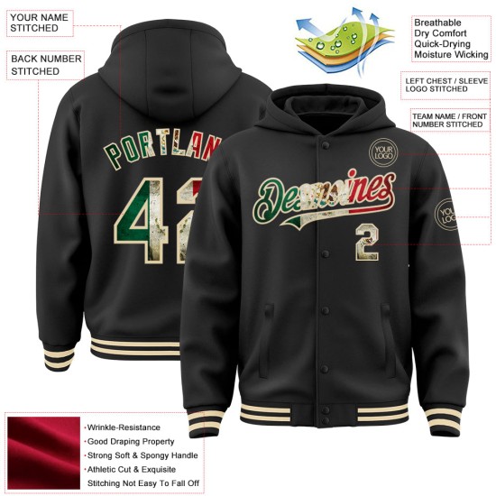 Custom Black Vintage Mexican Flag-Cream Bomber Full-Snap Varsity Letterman Hoodie Jacket Custom Black Vintage Mexican Flag-Cream Bomber Full-Snap Varsity Letterman Hoodie Jacket