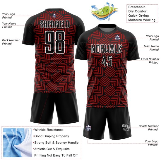 Custom Black Red-White Abstract Geometric Shapes Sublimation Uniform Jersey Custom Black Red-White Abstract Geometric Shapes Sublimation Uniform Jersey