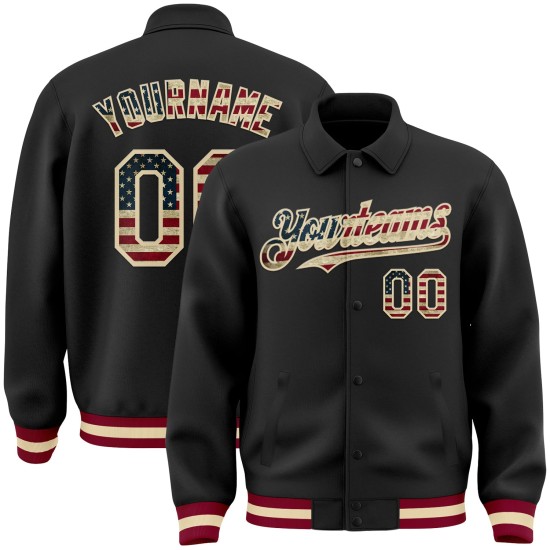 Custom Black Vintage USA Flag Cream-Maroon Bomber Full-Snap Varsity Letterman Lapel Collar Byron Jacket Custom Black Vintage USA Flag Cream-Maroon Bomber Full-Snap Varsity Letterman Lapel Collar Byron Jacket