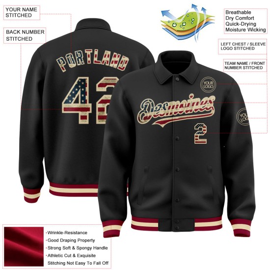 Custom Black Vintage USA Flag Cream-Maroon Bomber Full-Snap Varsity Letterman Lapel Collar Byron Jacket Custom Black Vintage USA Flag Cream-Maroon Bomber Full-Snap Varsity Letterman Lapel Collar Byron Jacket