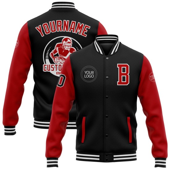 Custom Black Red-White Bomber Full-Snap Varsity Letterman Two Tone Jacket Custom Black Red-White Bomber Full-Snap Varsity Letterman Two Tone Jacket