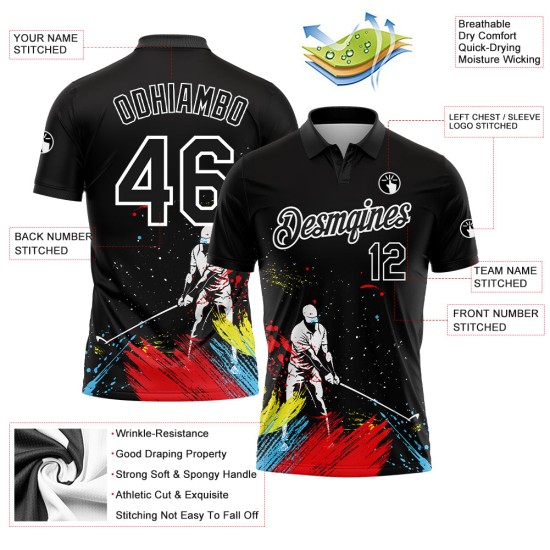 Custom Black White 3D Pattern Design Golfing Performance Golf Polo Shirt Custom Black White 3D Pattern Design Golfing Performance Golf Polo Shirt