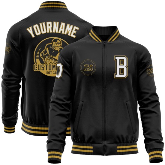 Custom Black White-Old Gold Bomber Varsity Letterman Zipper Jacket Custom Black White-Old Gold Bomber Varsity Letterman Zipper Jacket