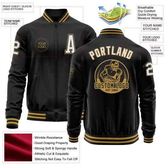 Custom Black White-Old Gold Bomber Varsity Letterman Zipper Jacket Custom Black White-Old Gold Bomber Varsity Letterman Zipper Jacket