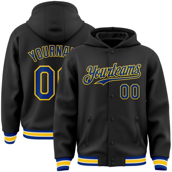 Custom Black Royal-Yellow Bomber Full-Snap Varsity Letterman Hoodie Jacket Custom Black Royal-Yellow Bomber Full-Snap Varsity Letterman Hoodie Jacket