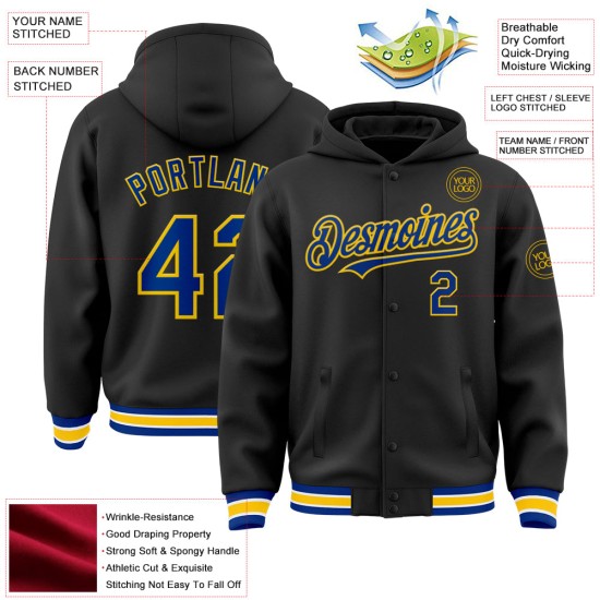 Custom Black Royal-Yellow Bomber Full-Snap Varsity Letterman Hoodie Jacket Custom Black Royal-Yellow Bomber Full-Snap Varsity Letterman Hoodie Jacket