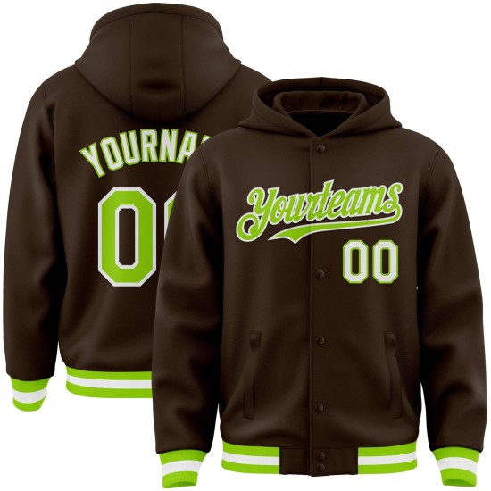 Custom Brown Neon Green-White Bomber Full-Snap Varsity Letterman Hoodie Jacket Custom Brown Neon Green-White Bomber Full-Snap Varsity Letterman Hoodie Jacket