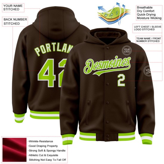 Custom Brown Neon Green-White Bomber Full-Snap Varsity Letterman Hoodie Jacket Custom Brown Neon Green-White Bomber Full-Snap Varsity Letterman Hoodie Jacket