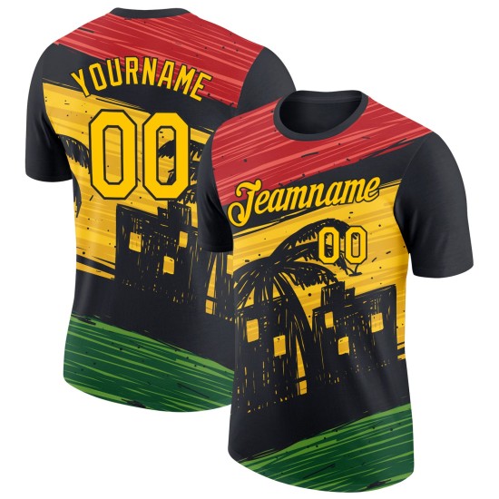 Custom Black Yellow 3D Pattern Design Black History Month Performance T-Shirt Custom Black Yellow 3D Pattern Design Black History Month Performance T-Shirt