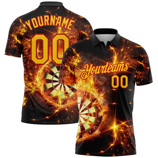 Custom Black Yellow-Red 3D Pattern Design Flame Dart Board Performance Golf Polo Shirt Custom Black Yellow-Red 3D Pattern Design Flame Dart Board Performance Golf Polo Shirt
