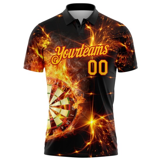 Custom Black Yellow-Red 3D Pattern Design Flame Dart Board Performance Golf Polo Shirt Custom Black Yellow-Red 3D Pattern Design Flame Dart Board Performance Golf Polo Shirt
