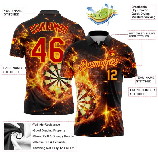 Custom Black Yellow-Red 3D Pattern Design Flame Dart Board Performance Golf Polo Shirt Custom Black Yellow-Red 3D Pattern Design Flame Dart Board Performance Golf Polo Shirt