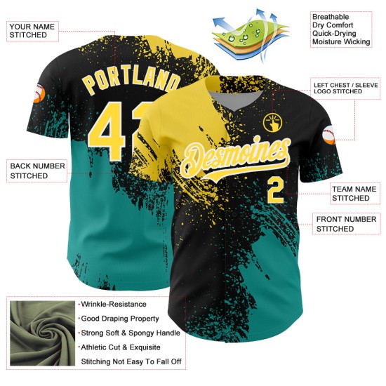 Custom Black Yellow-Teal 3D Pattern Design Abstract Brush Stroke Authentic rugby Jersey Custom Black Yellow-Teal 3D Pattern Design Abstract Brush Stroke Authentic rugby Jersey