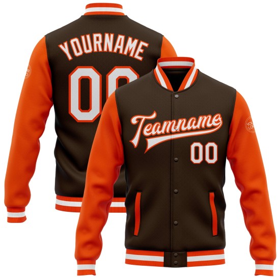 Custom Brown White-Orange Bomber Full-Snap Varsity Letterman Two Tone Jacket Custom Brown White-Orange Bomber Full-Snap Varsity Letterman Two Tone Jacket