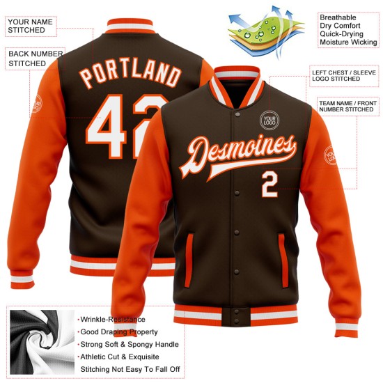 Custom Brown White-Orange Bomber Full-Snap Varsity Letterman Two Tone Jacket Custom Brown White-Orange Bomber Full-Snap Varsity Letterman Two Tone Jacket