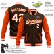 Custom Brown White-Orange Bomber Full-Snap Varsity Letterman Two Tone Jacket Custom Brown White-Orange Bomber Full-Snap Varsity Letterman Two Tone Jacket
