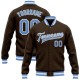 Custom Brown Light Blue-White Bomber Full-Snap Varsity Letterman Jacket Custom Brown Light Blue-White Bomber Full-Snap Varsity Letterman Jacket