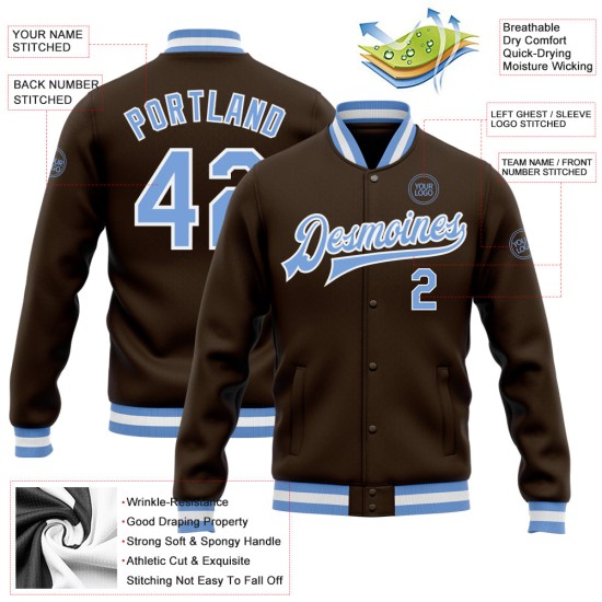 Custom Brown Light Blue-White Bomber Full-Snap Varsity Letterman Jacket Custom Brown Light Blue-White Bomber Full-Snap Varsity Letterman Jacket