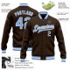 Custom Brown Light Blue-White Bomber Full-Snap Varsity Letterman Jacket Custom Brown Light Blue-White Bomber Full-Snap Varsity Letterman Jacket