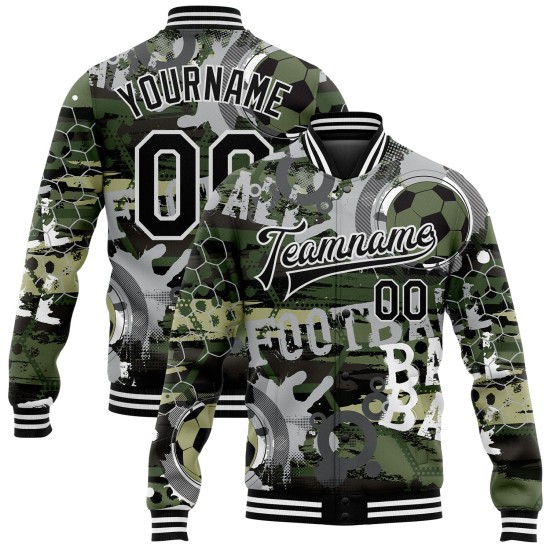 Custom Camo Black-White Football 3D Pattern Design Bomber Full-Snap Varsity Letterman Salute To Service Jacket Custom Camo Black-White Football 3D Pattern Design Bomber Full-Snap Varsity Letterman Salute To Service Jacket
