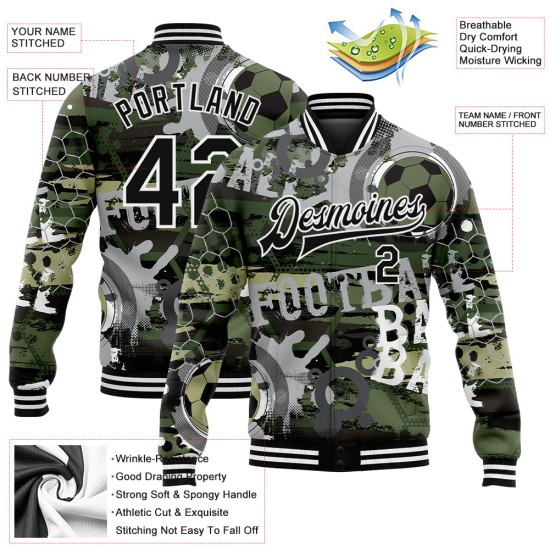 Custom Camo Black-White Football 3D Pattern Design Bomber Full-Snap Varsity Letterman Salute To Service Jacket Custom Camo Black-White Football 3D Pattern Design Bomber Full-Snap Varsity Letterman Salute To Service Jacket