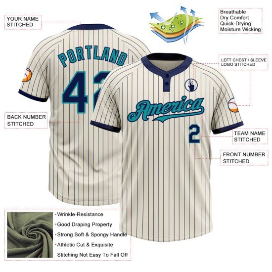 Custom Cream Navy Pinstripe Teal Two-Button Unisex Jersey Custom Cream Navy Pinstripe Teal Two-Button Unisex Jersey