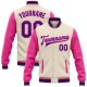 Custom Cream Aqua Purple Pink-Black Bomber Full-Snap Varsity Letterman Two Tone Jacket Custom Cream Aqua Purple Pink-Black Bomber Full-Snap Varsity Letterman Two Tone Jacket