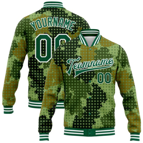 Custom Camo Kelly Green-White Geometric Camouflage 3D Bomber Full-Snap Varsity Letterman Salute To Service Jacket Custom Camo Kelly Green-White Geometric Camouflage 3D Bomber Full-Snap Varsity Letterman Salute To Service Jacket
