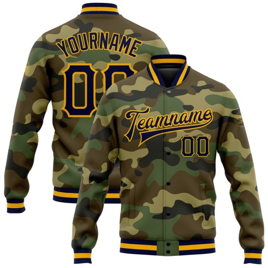 Custom Camo Navy-Gold Bomber Full-Snap Varsity Letterman Salute To Service Jacket Custom Camo Navy-Gold Bomber Full-Snap Varsity Letterman Salute To Service Jacket