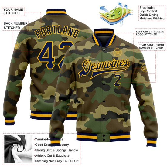Custom Camo Navy-Gold Bomber Full-Snap Varsity Letterman Salute To Service Jacket Custom Camo Navy-Gold Bomber Full-Snap Varsity Letterman Salute To Service Jacket