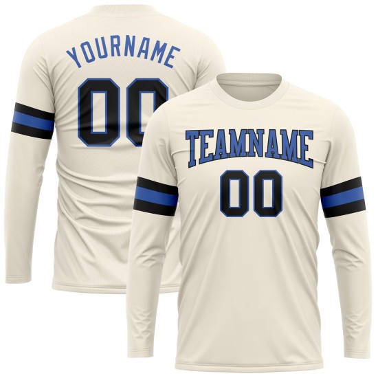 Custom Cream Black-Blue Long Sleeve Performance T-Shirt Custom Cream Black-Blue Long Sleeve Performance T-Shirt