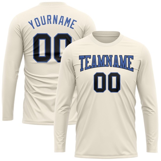 Custom Cream Black-Blue Long Sleeve Performance T-Shirt Custom Cream Black-Blue Long Sleeve Performance T-Shirt