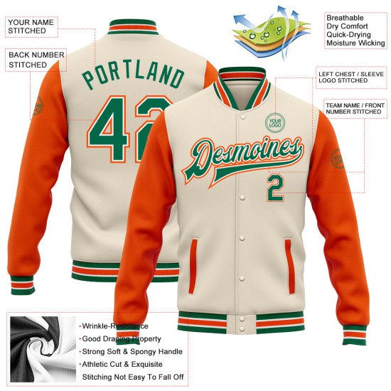 Custom Cream Kelly Green-Orange Bomber Full-Snap Varsity Letterman Two Tone Jacket Custom Cream Kelly Green-Orange Bomber Full-Snap Varsity Letterman Two Tone Jacket