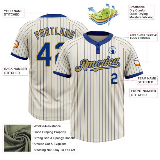 Custom Cream Royal Pinstripe Old Gold Two-Button Unisex Jersey Custom Cream Royal Pinstripe Old Gold Two-Button Unisex Jersey