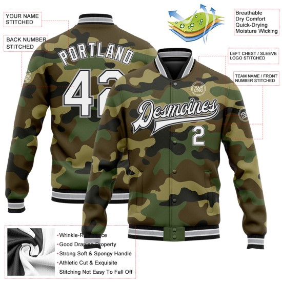 Custom Camo White Black-Gray Bomber Full-Snap Varsity Letterman Salute To Service Jacket Custom Camo White Black-Gray Bomber Full-Snap Varsity Letterman Salute To Service Jacket