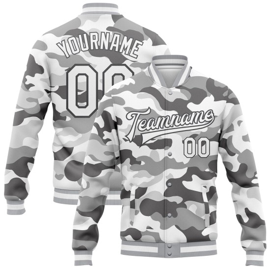 Custom Camo White-Steel Gray Snow Camouflage 3D Bomber Full-Snap Varsity Letterman Salute To Service Jacket Custom Camo White-Steel Gray Snow Camouflage 3D Bomber Full-Snap Varsity Letterman Salute To Service Jacket