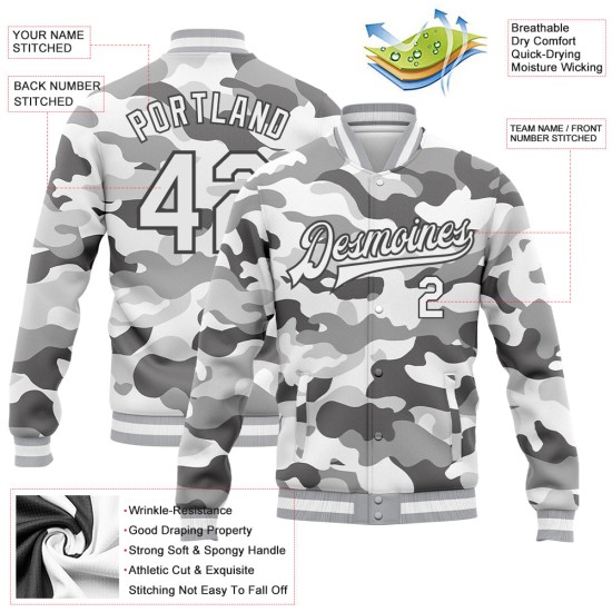 Custom Camo White-Steel Gray Snow Camouflage 3D Bomber Full-Snap Varsity Letterman Salute To Service Jacket Custom Camo White-Steel Gray Snow Camouflage 3D Bomber Full-Snap Varsity Letterman Salute To Service Jacket
