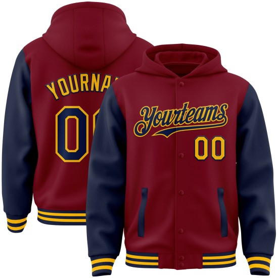 Custom Crimson Navy-Gold Bomber Full-Snap Varsity Letterman Two Tone Hoodie Jacket Custom Crimson Navy-Gold Bomber Full-Snap Varsity Letterman Two Tone Hoodie Jacket