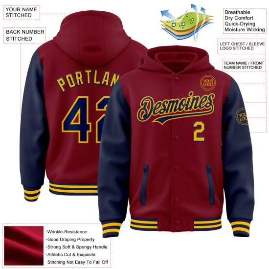 Custom Crimson Navy-Gold Bomber Full-Snap Varsity Letterman Two Tone Hoodie Jacket Custom Crimson Navy-Gold Bomber Full-Snap Varsity Letterman Two Tone Hoodie Jacket