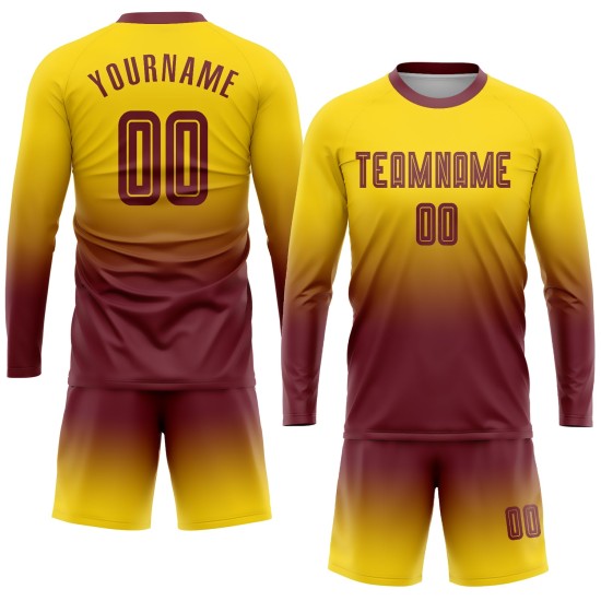 Custom Gold Burgundy Sublimation Long Sleeve Fade Fashion Uniform Jersey Custom Gold Burgundy Sublimation Long Sleeve Fade Fashion Uniform Jersey