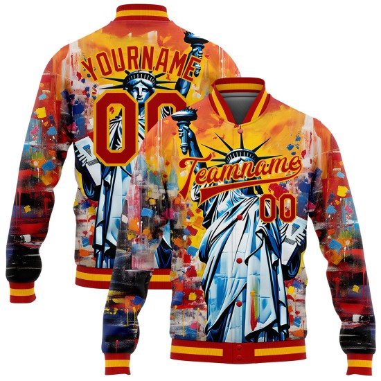 Custom Gold Red Statue of Liberty Independence Day 3D Pattern Design Bomber Full-Snap Varsity Letterman Jacket Custom Gold Red Statue of Liberty Independence Day 3D Pattern Design Bomber Full-Snap Varsity Letterman Jacket