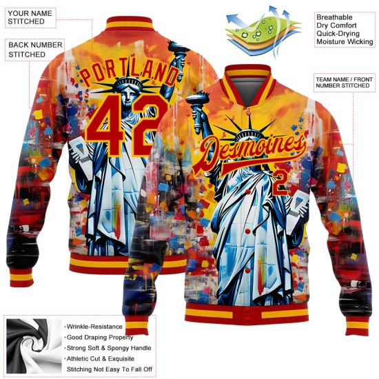 Custom Gold Red Statue of Liberty Independence Day 3D Pattern Design Bomber Full-Snap Varsity Letterman Jacket Custom Gold Red Statue of Liberty Independence Day 3D Pattern Design Bomber Full-Snap Varsity Letterman Jacket