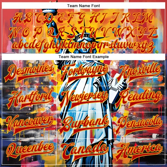 Custom Gold Red Statue of Liberty Independence Day 3D Pattern Design Bomber Full-Snap Varsity Letterman Jacket Custom Gold Red Statue of Liberty Independence Day 3D Pattern Design Bomber Full-Snap Varsity Letterman Jacket