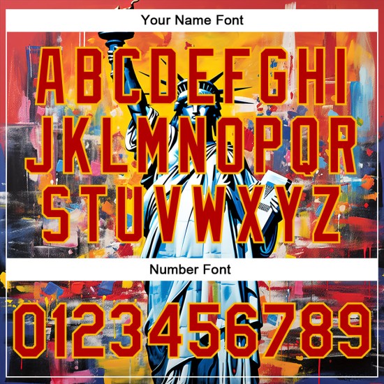 Custom Gold Red Statue of Liberty Independence Day 3D Pattern Design Bomber Full-Snap Varsity Letterman Jacket Custom Gold Red Statue of Liberty Independence Day 3D Pattern Design Bomber Full-Snap Varsity Letterman Jacket