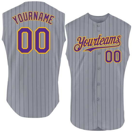 Custom Gray Black Pinstripe Purple-Gold Authentic Sleeveless rugby Jersey Custom Gray Black Pinstripe Purple-Gold Authentic Sleeveless rugby Jersey